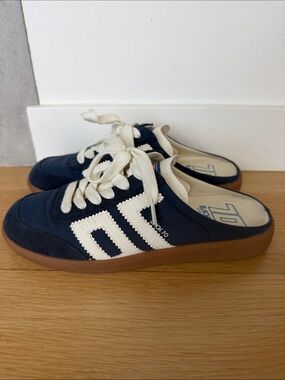 Navy and Cream Women's Casual Mules - Classic Lace Detail